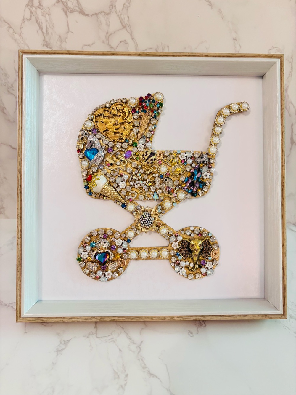Gold Jeweled Baby Carriage Wall Art - Sparkling Mixed Media Nursery Accent